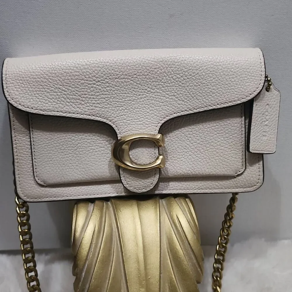Coach Tabby Mini Chain Clutch in Chalk pebbled leather with gold-tone upgraded c